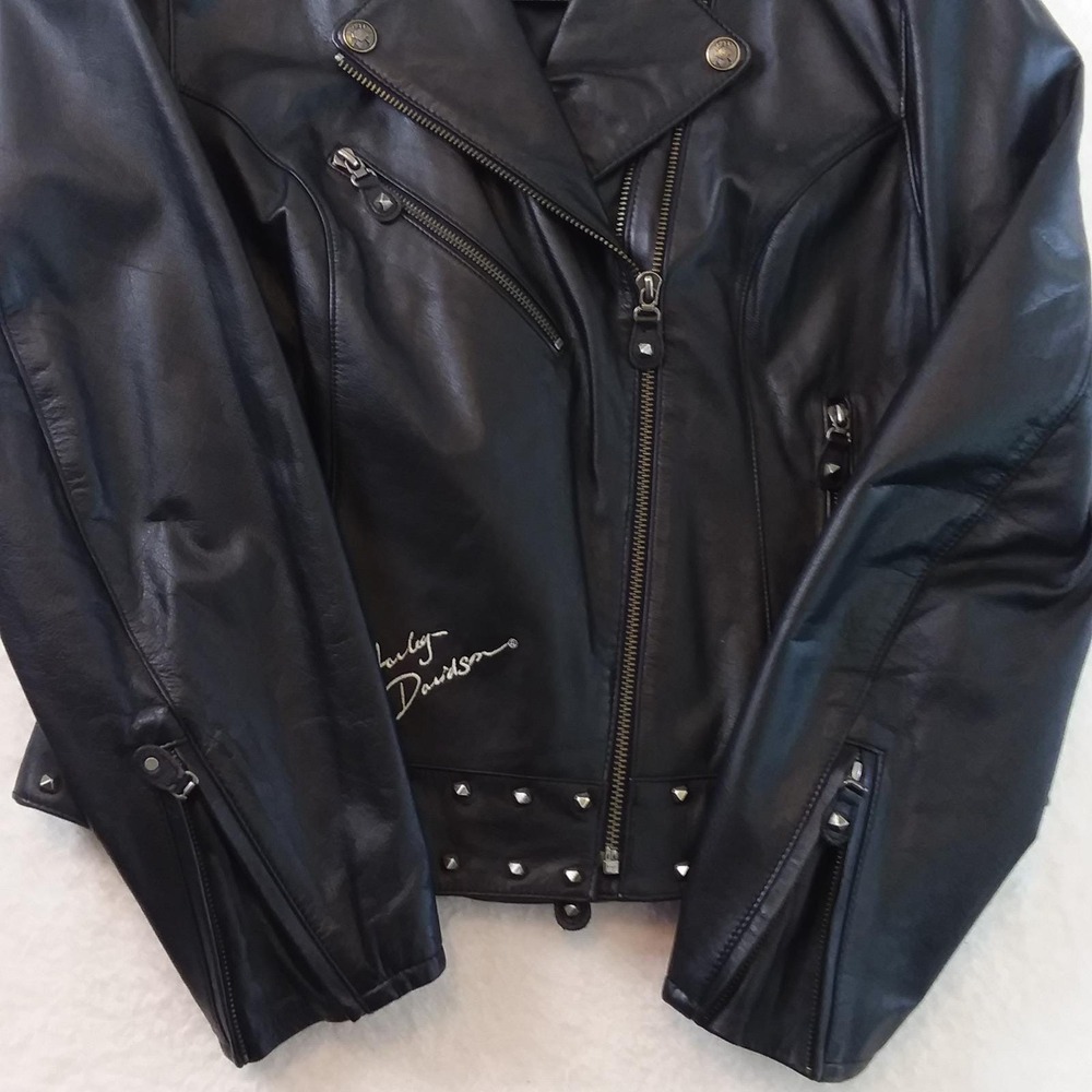 VTG Harley Davidson Womens L Leather Wing Motorcycle Jacket Studded Black Biker - Picture 7 of 16